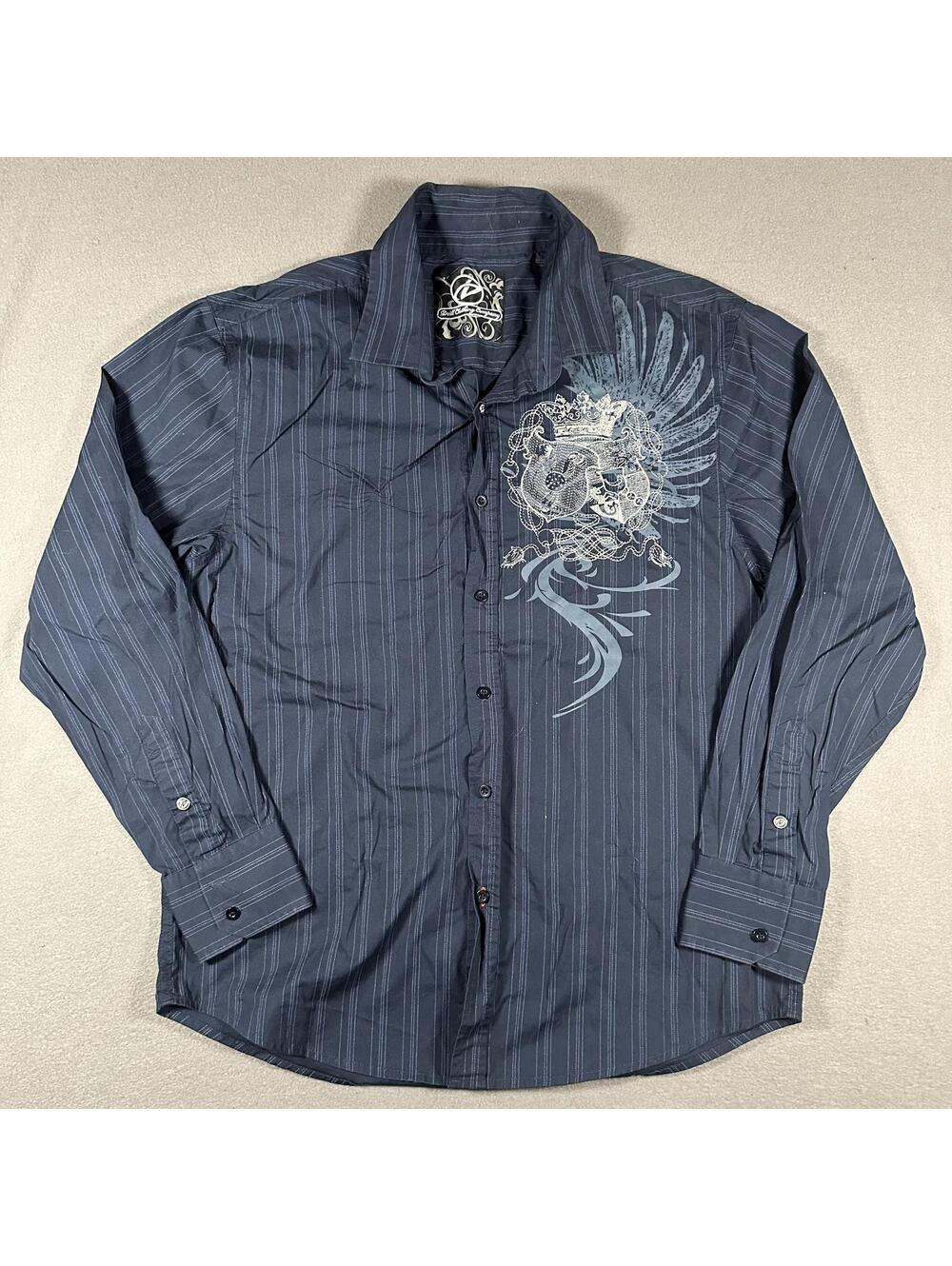 y2k Men button up M Navy Blue Graphic Embroidered pinstripe
